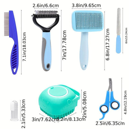 Pet Grooming Kit, 8 Counts/Set Pet Grooming Brush Set, Including Pet Nail Clipper & Scissors & Shampoo Brush & Hair Removal Brush & Silicone Toothbrush, Dog & Cat Grooming Supplies